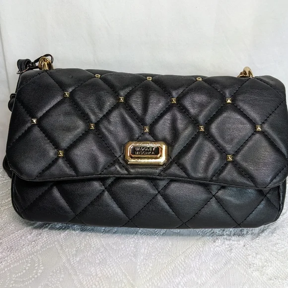Badgley Mischka Vegan Leather Crossbody, Black Diamond-Quilted Pyramid-Studded - Picture 2 of 16